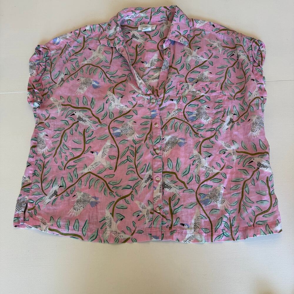 Cynthia Rowley 100% Linen Pink Bird Leaf Print Button Up Blouse Size Large